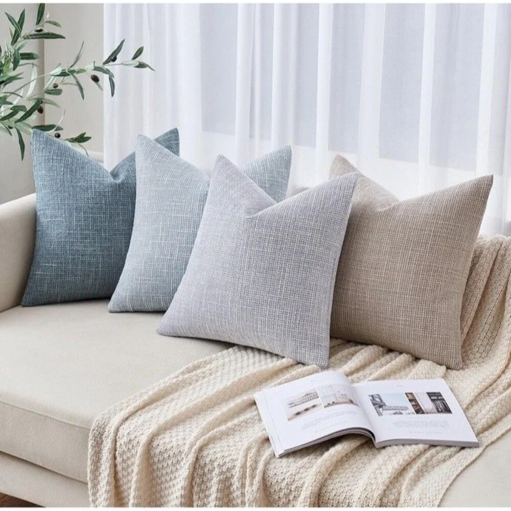 Burlap Tweed Set Of 2 Pillow Covers 2- 18 X 18in Blue Modern Farmhouse